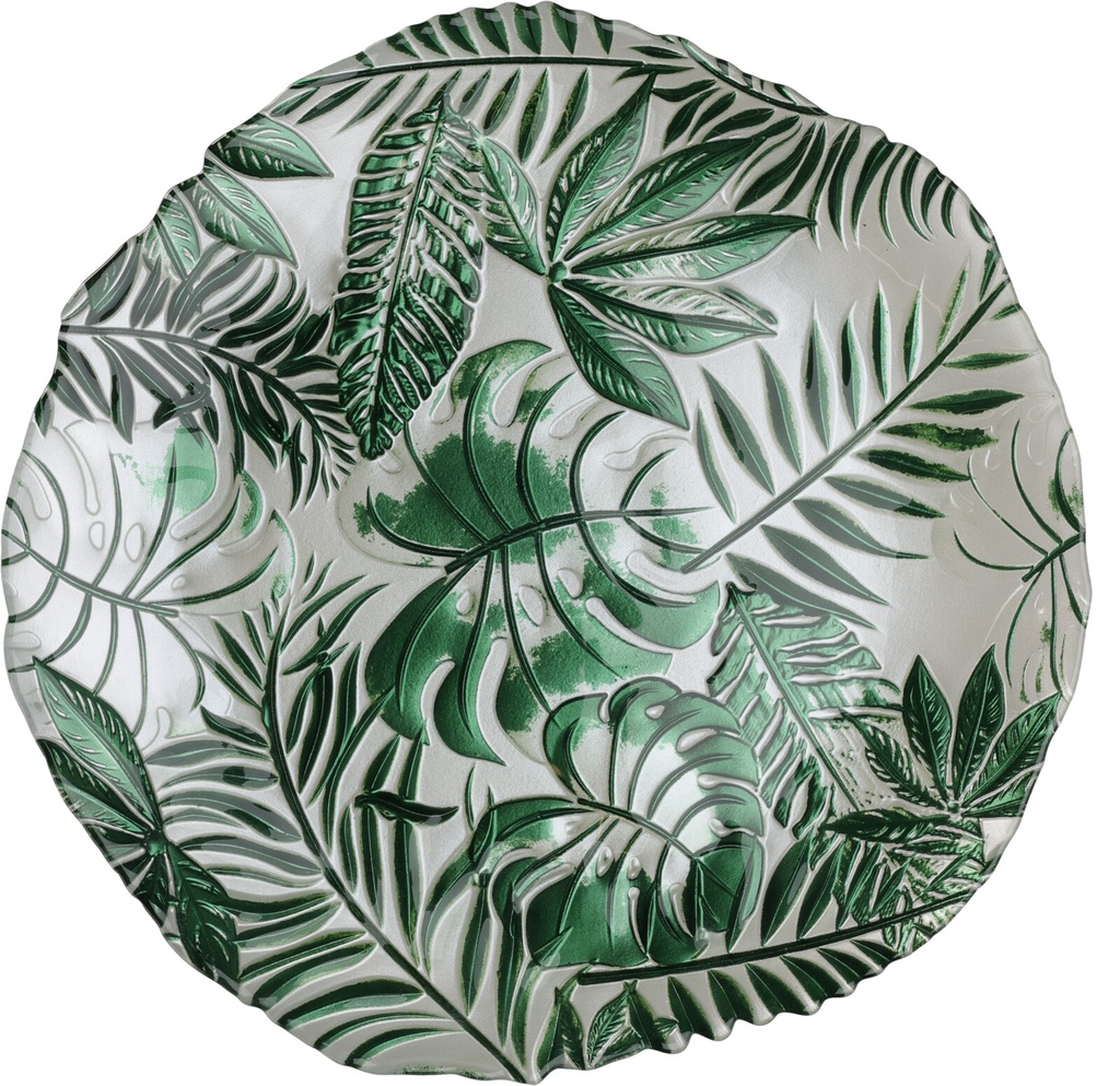 [KOOP326074] ASSIETTE EN VERRE 28CM FEUILLE TROPICALE 3 ASSORTI