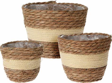 [KOOP326057] CACHE-POT FEUILLE DE QUENOUILLE TRESSE SET 3 PCES BEIGE