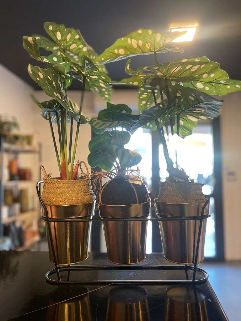 [KOOP326066] POT A FLEURS METAL SET 3 PCES SUPPORT METAL NOIR/DOREE